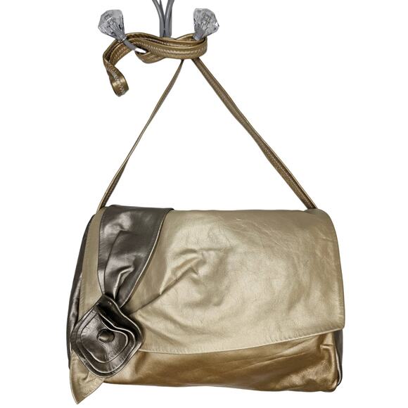 METALIC Gold Silver Platinum Crossbody Soft Leather Pocketbook with Rosette Bow - Picture 1 of 8